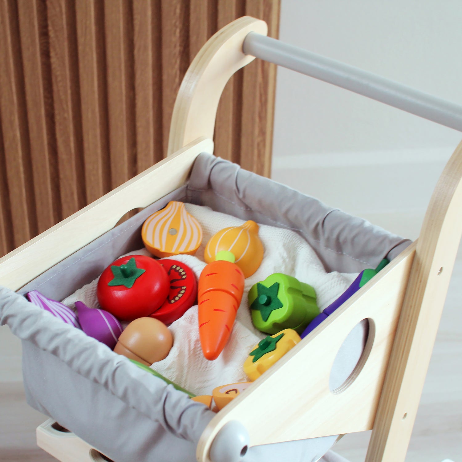 eco friendly colourful wooden vegetables - potato, mushroom, carrot, tomato, onion, eggplant, peppers, cucumber - wooden knife included with tray (cart not included)