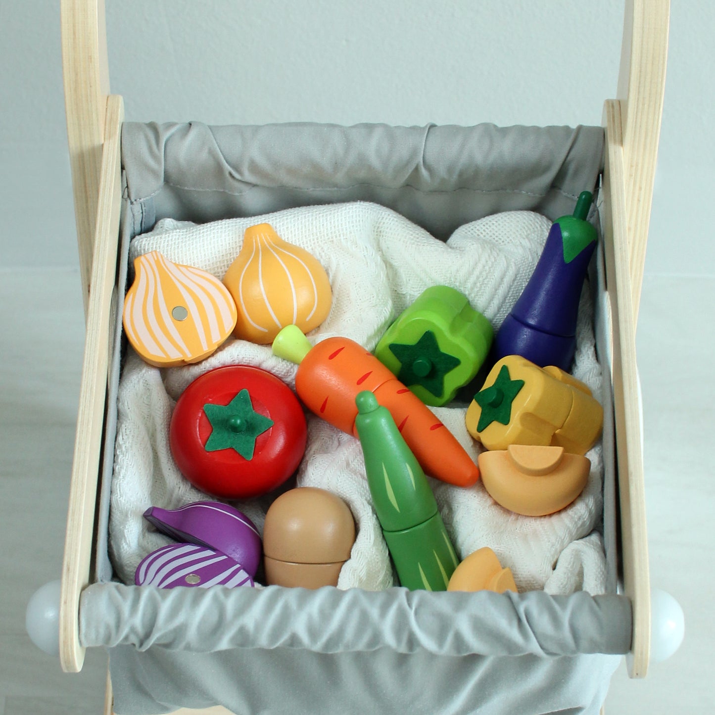 eco friendly colourful wooden vegetables - potato, mushroom, carrot, tomato, onion, eggplant, peppers, cucumber - wooden knife included with tray (cart not included)