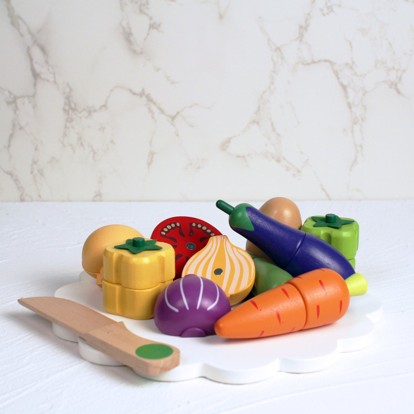 eco friendly colourful wooden vegetables - potato, mushroom, carrot, tomato, onion, eggplant, peppers, cucumber - wooden knife included with tray