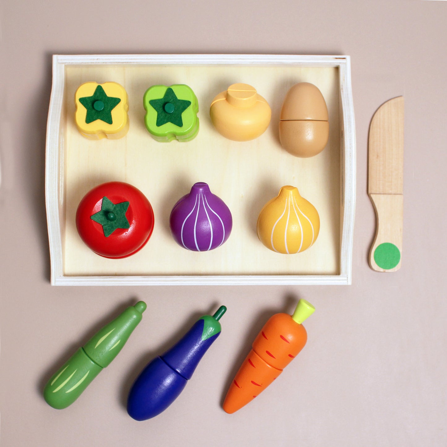 eco friendly colourful wooden vegetables - potato, mushroom, carrot, tomato, onion, eggplant, peppers, cucumber - wooden knife included with tray 