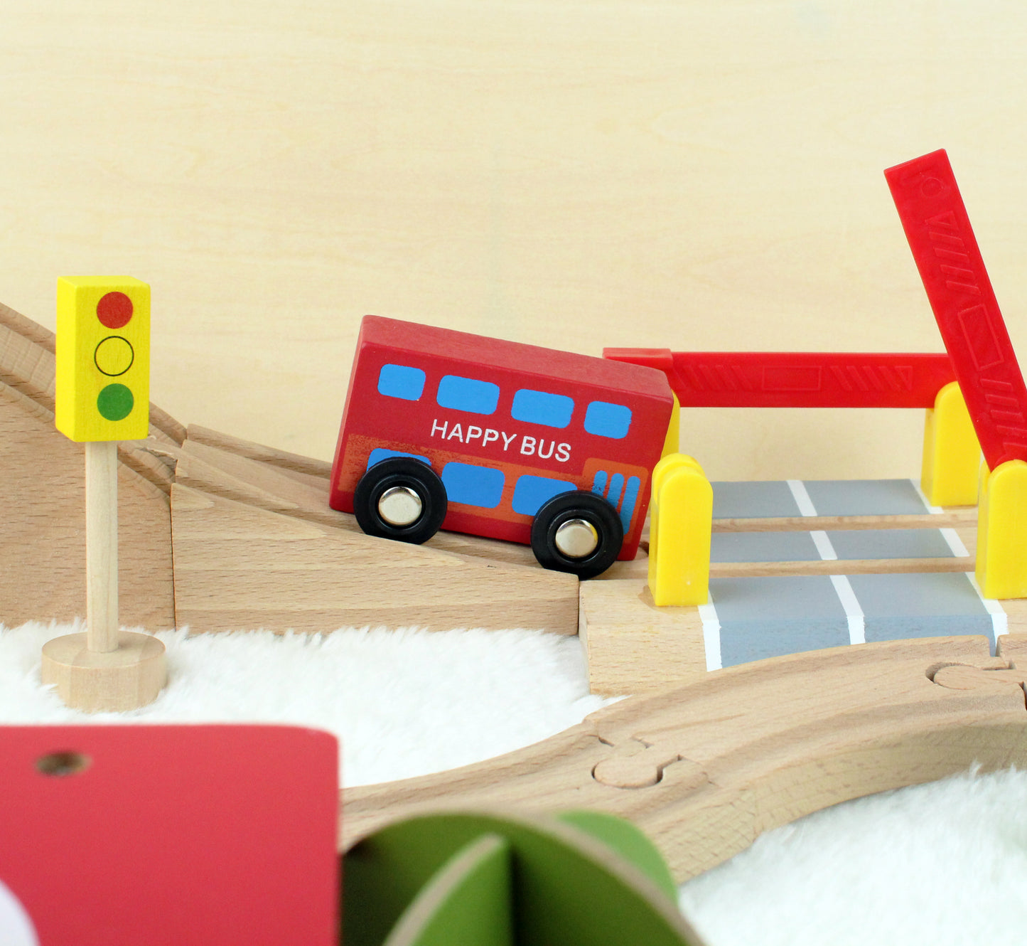 wooden train (station) toy set with bus, helicopter, trees, fishing, traffic lights