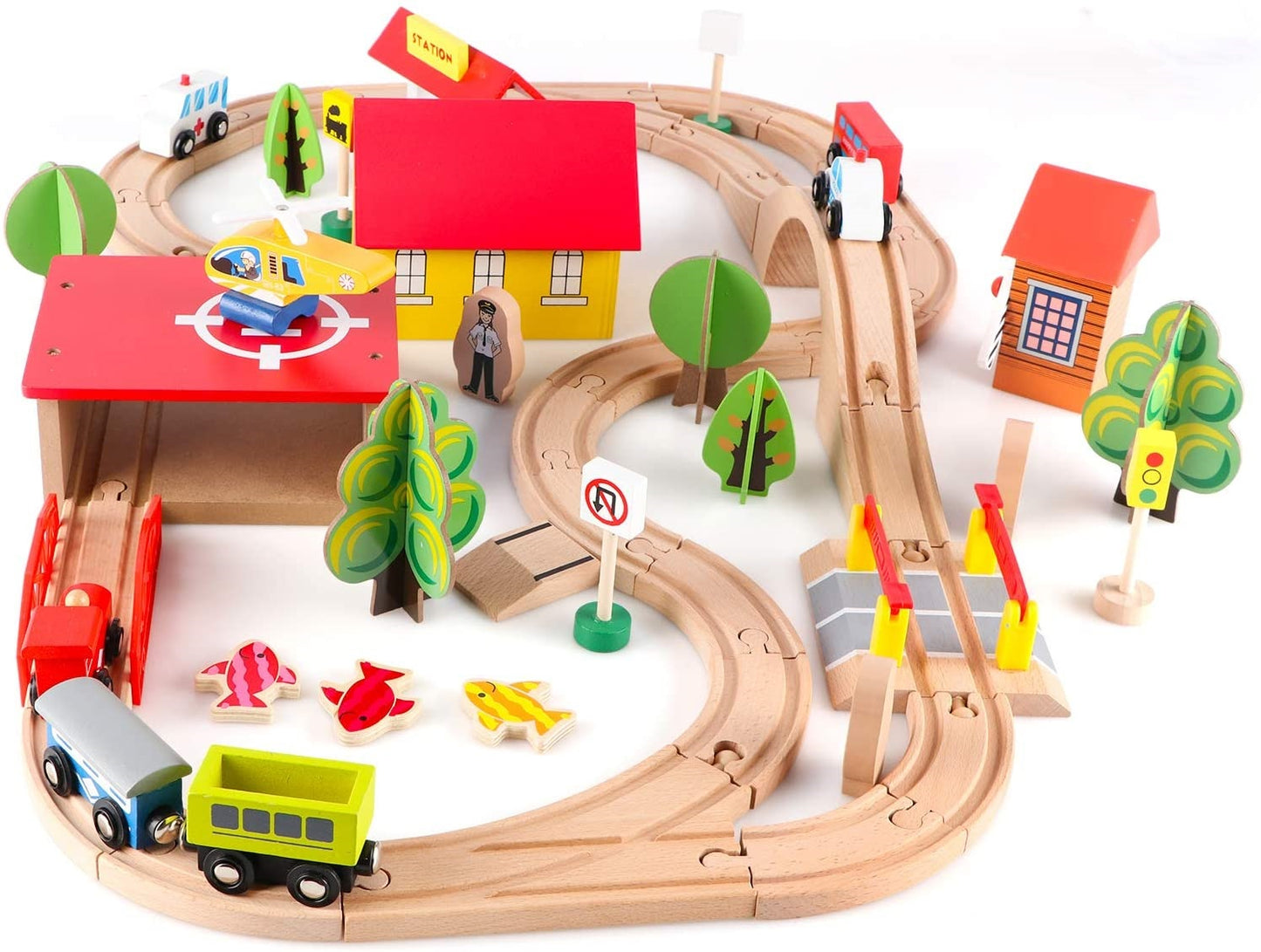 wooden train (station) toy set with bus, helicopter, trees, fishing, traffic lights